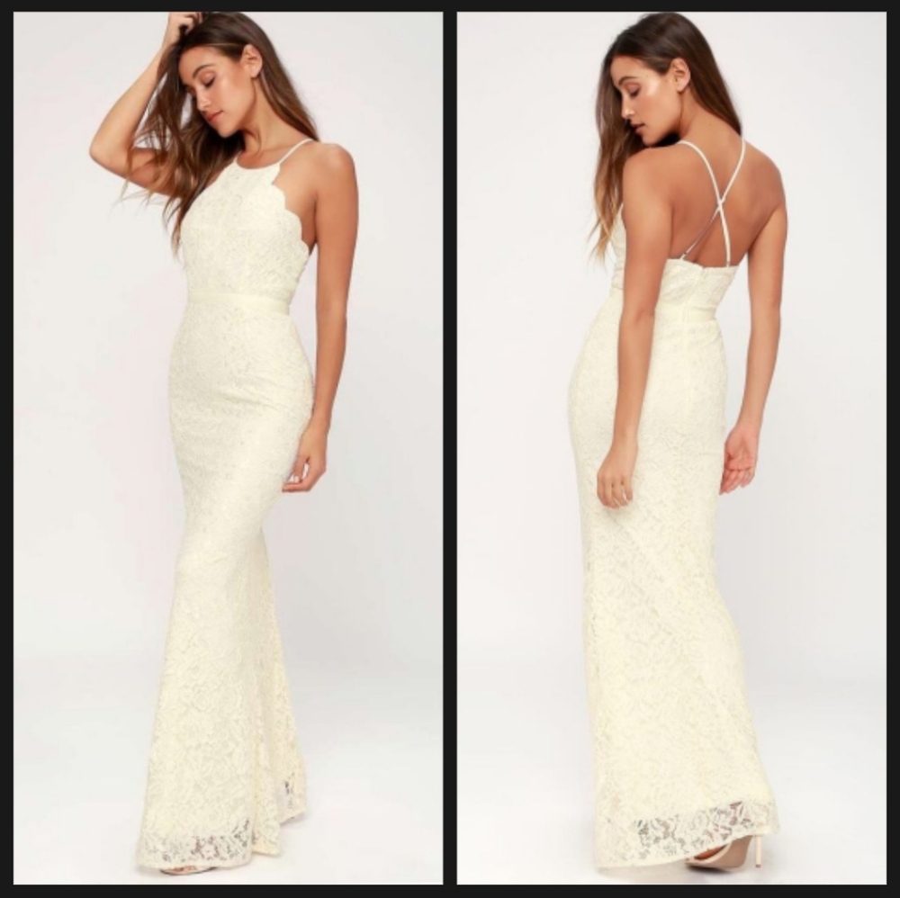 Lulus Bridal Zenith Ivory White Floral Lace Halter Neck Formal Maxi Dress